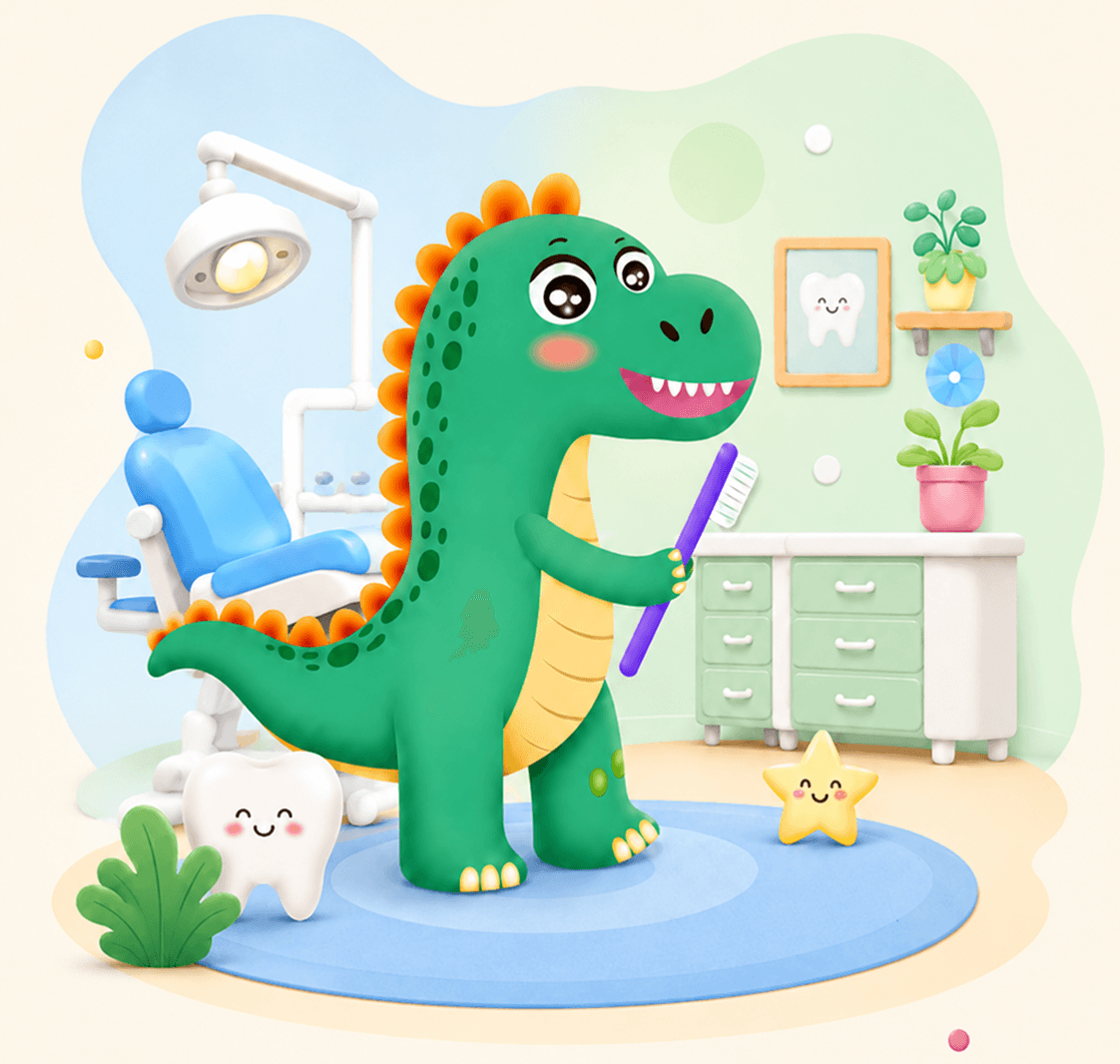 Dinossauro simpático segurando uma escova de dentes em um consultório odontológico infantil